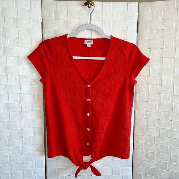 J Crew Cotton Button Down Tie Front Short Sleeve Shirt Red Women’s Size XXS - Picture 3 of 9